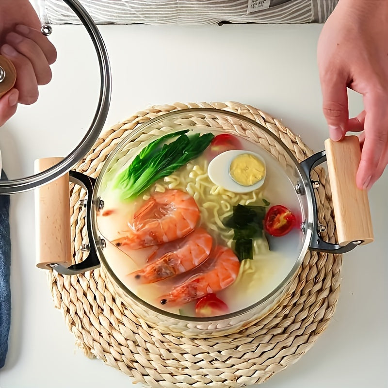 Transparent Soup Pot with Lid and Dual Wooden Handles for Easy Cleaning - Made of Durable High Borosilicate Glass, Perfect for Everyday Kitchen Use.