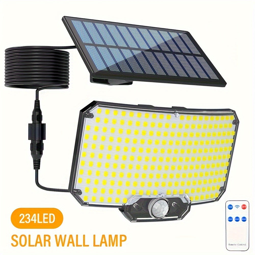 Outdoor smart solar light with motion sensor, remote control, 3 modes for patio, porch, camping, and backyard.