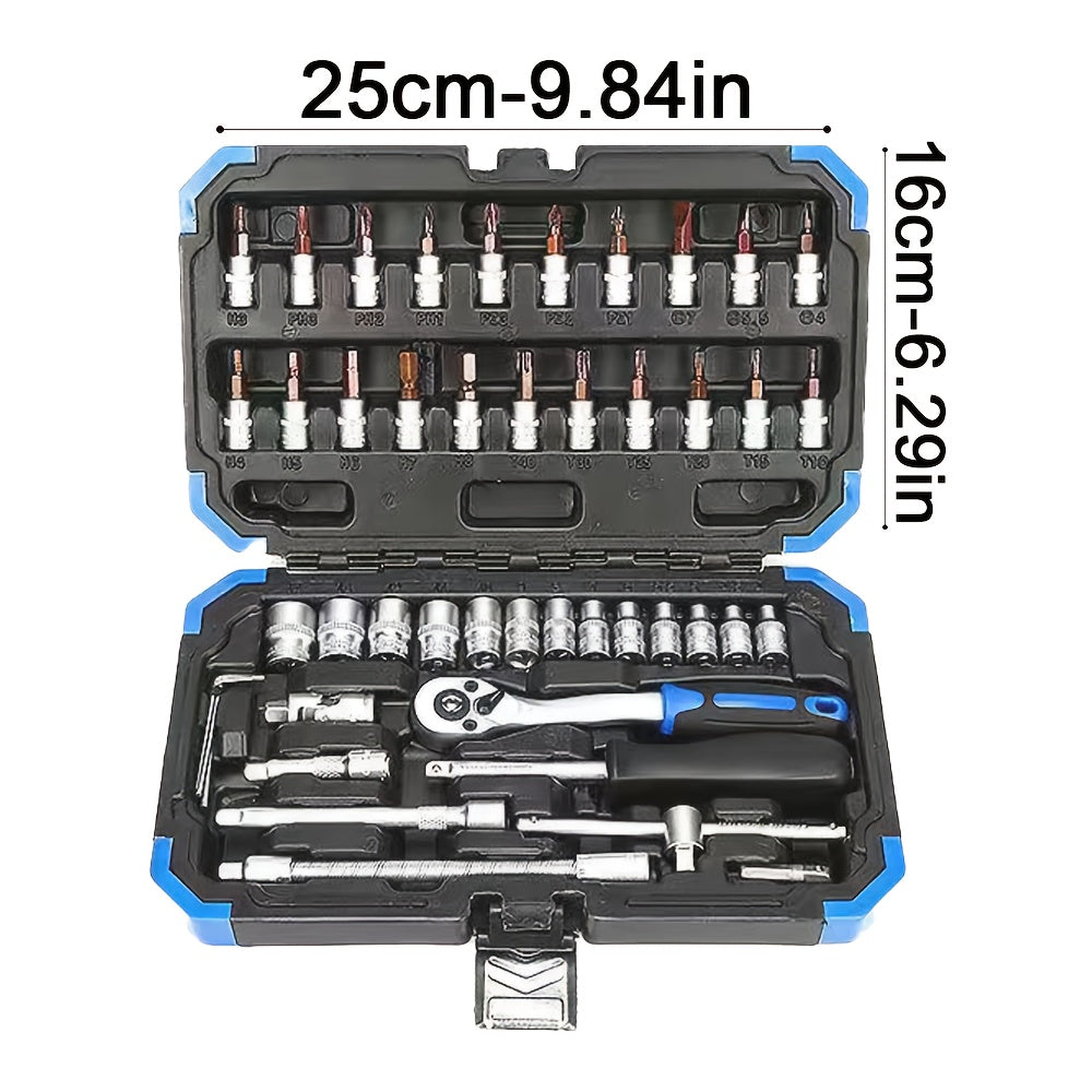 High-end Professional 53&46pcs 1/4 inch Drive Tool Set for automotive and home repair, includes ratchet wrench, metric sleeves, and extension bar with storage box.