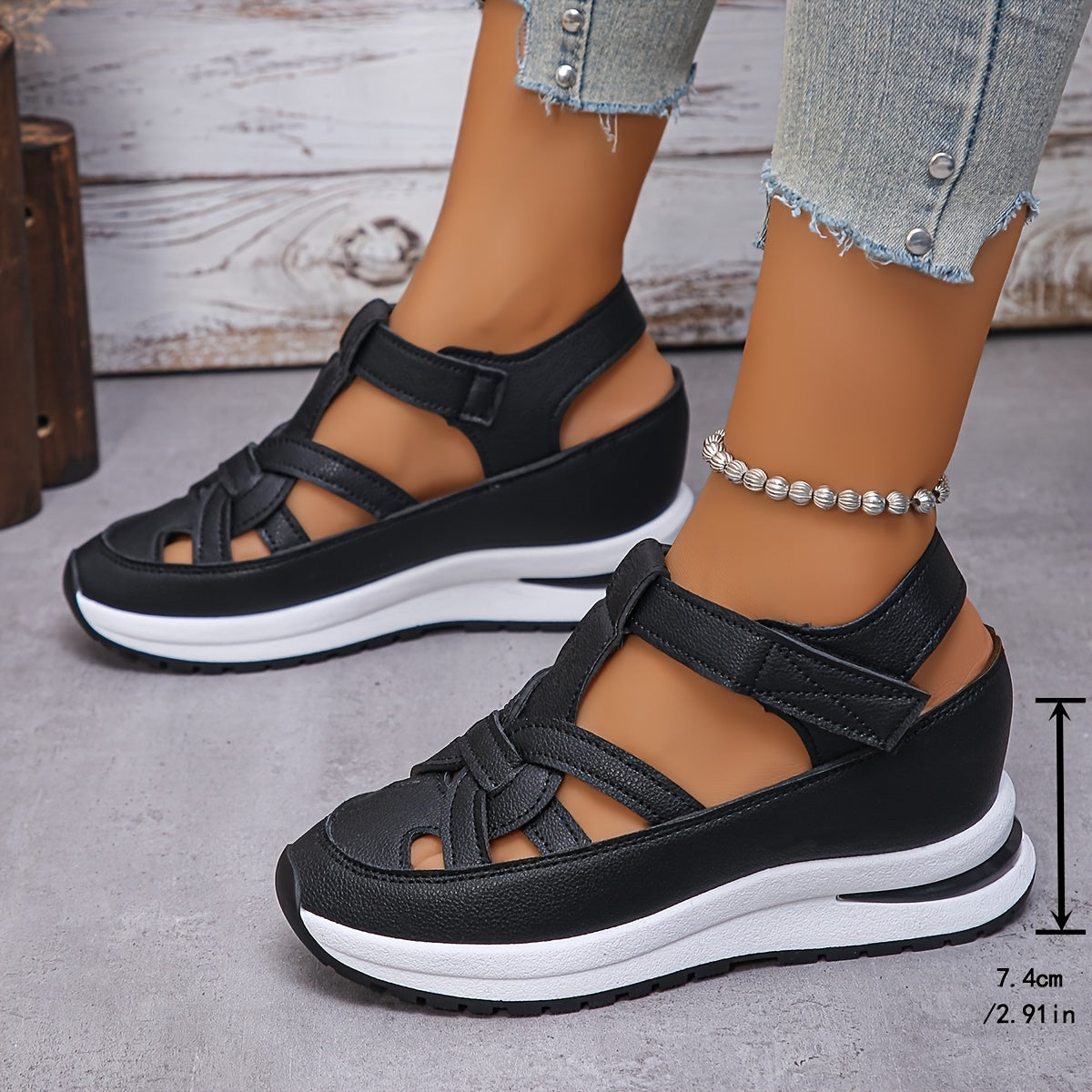 Women's fashion sneakers with solid color, platform heel, magic tape closure, man-made materials, and rubber outsole.