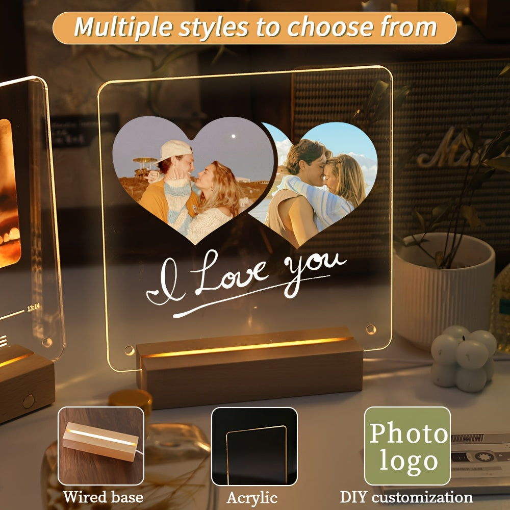 One piece of Personalized Acrylic Photo Frame with LED Light, featuring a Customizable Transparent Love Heart Design. Perfect for celebrating Christmas, Valentine's Day, Mother's Day, Father's Day, and Pet Memorials. This frame is designed for displaying