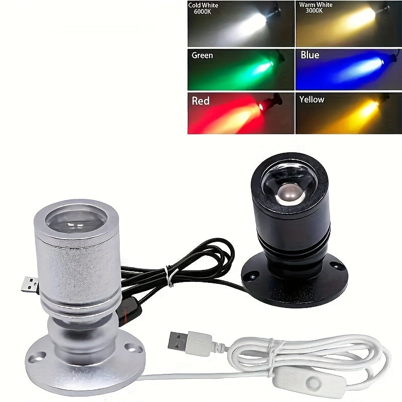 USB-Powered Mini LED Spotlight with 146.3cm Cable for various uses, in Cold White, Warm White, Green, Red, Blue, Yellow.