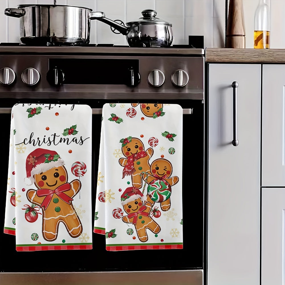 2 Christmas gingerbread man & lollipop kitchen towels - ultra-soft, absorbent microfiber cloths for holiday decor & home use