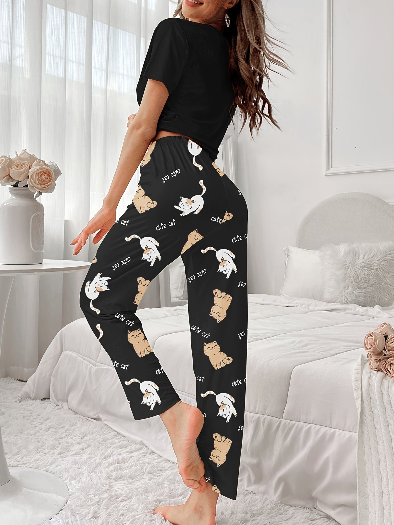 Women's Cat and Letter Print Pajama Set - Short Sleeve Top and Pants, Relaxed Fit