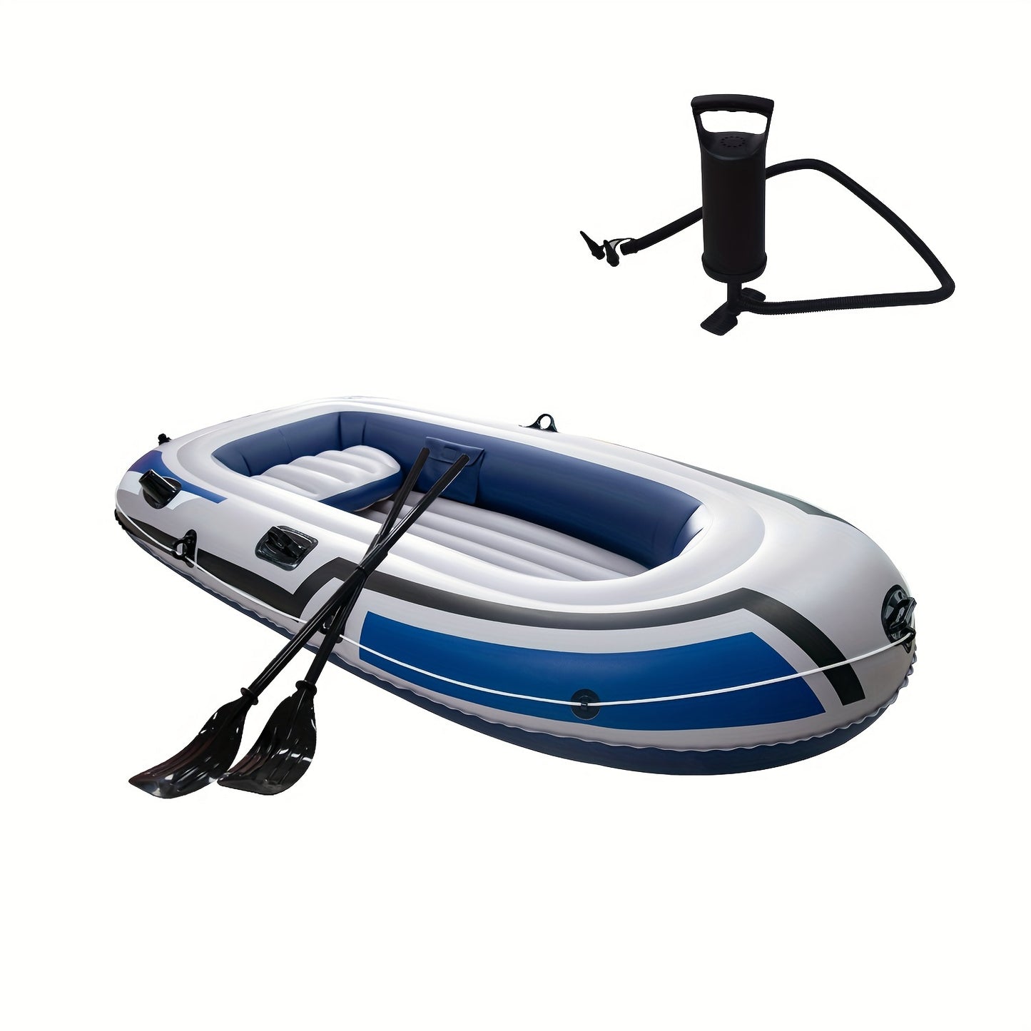 1 pack of blue inflatable fishing kayak with paddle, pump, PVC outdoor fishing raft, and single rudder navigation.