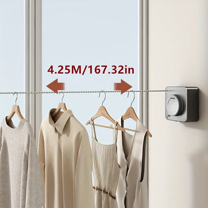 The perfect solution for indoor drying needs, this durable 304 stainless steel retractable clothesline reel measures 4.25 meters in length. Ideal for rental rooms or balconies, it is perfect for hanging towels, quilts, and clotheslines.