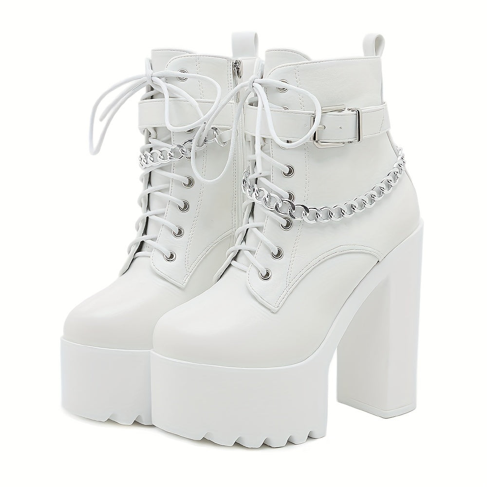 Women's stylish ankle boots with chain decor, block heel, lace-up, and side zipper.