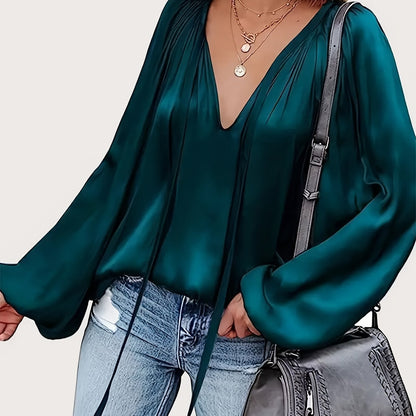 V-Neck Polyester Blouse with Tie Neck Detail - Draped Lantern Sleeves, Ruched Design, Loose Fit Casual Top for Women - Versatile All-Season Shirting