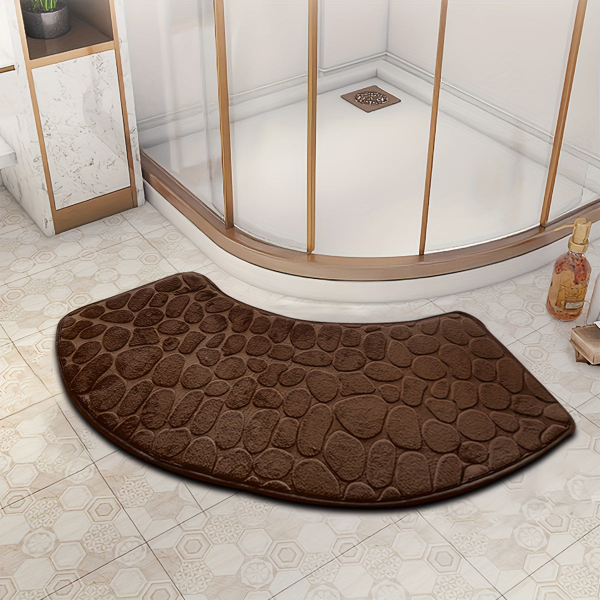 Half Round Bath Mat with Quick-Dry Absorbent Technology, Non-Slip PVC Backing, Made of Polyester with Low Pile and Machine Washable, Features Embossed Floral Design