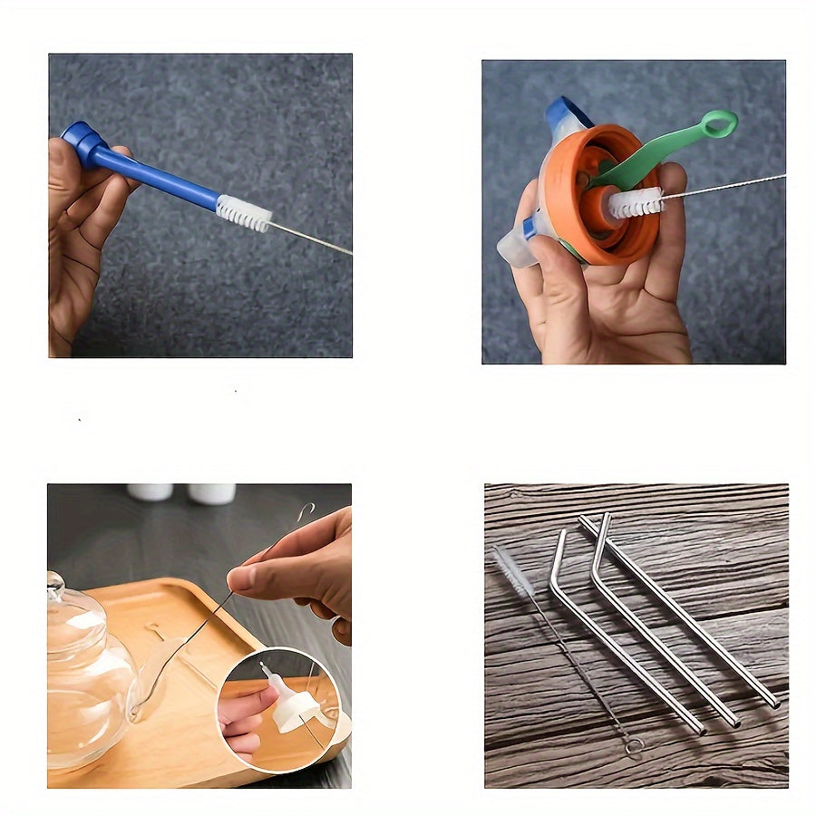 Set of 5 nylon soft brush heads designed for cleaning straws and tubes, featuring a flexible design. The brushes come with a reusable metal handle and are suitable for use in bathrooms and kitchens. They are known for their good toughness, easy bending