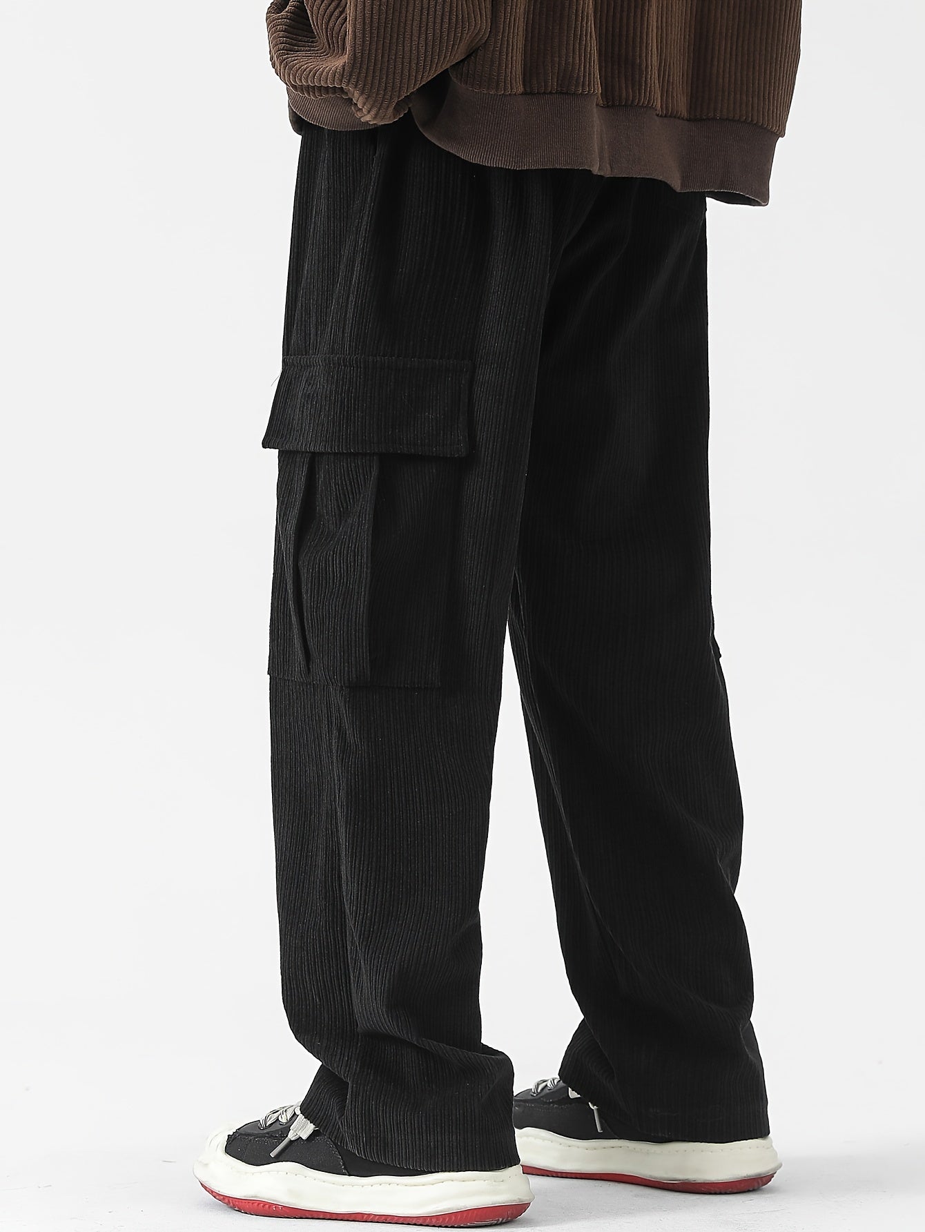 Men's corduroy cargo pants in light gray, straight-leg, with multiple pockets and drawstring waist. Perfect for fall/winter, versatile and comfortable, suitable for big and tall sizes.