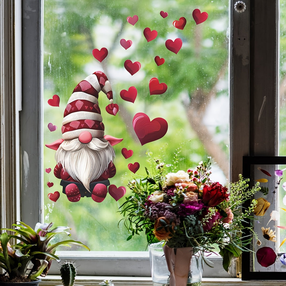 Valentine's Day Gnome and Heart Window Clings in Pink and Red - Self-Adhesive Decals for Home and Kitchen Decor, Ideal for Anniversaries, Weddings, and Valentine's Day - Farmhouse Truck, Holiday Wall Stickers and Decorations