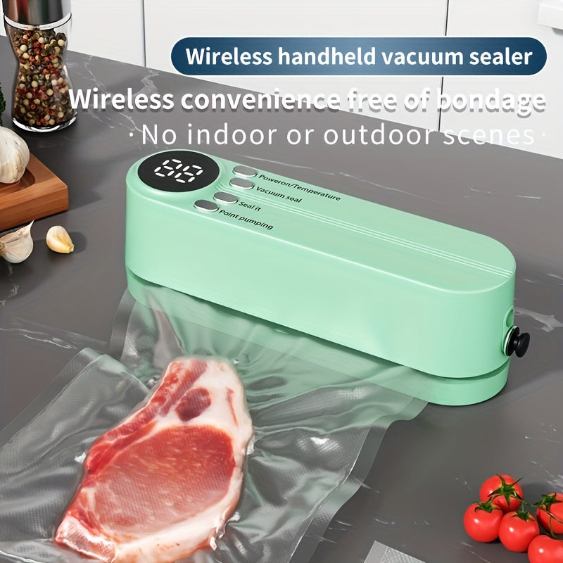 USB rechargeable vacuum sealer kit with digital display. Includes pump, airtight bags for food preservation. Ideal for snacks, meat, fruits, vegetables. Space-saving design, 36V power.