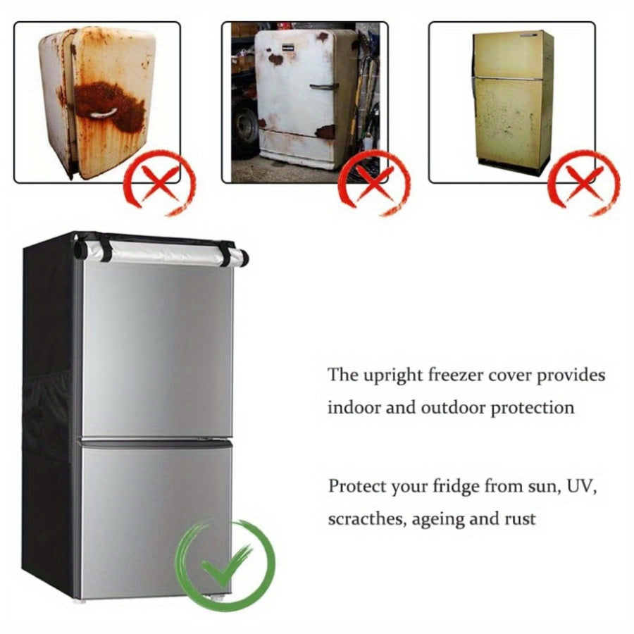 Protect your outdoor mini refrigerator with this durable black waterproof upright freezer cover. Made of durable polyester material, this cover is dust and sun-proof, ensuring your appliance stays in top condition. Featuring a zipper closure, this cover