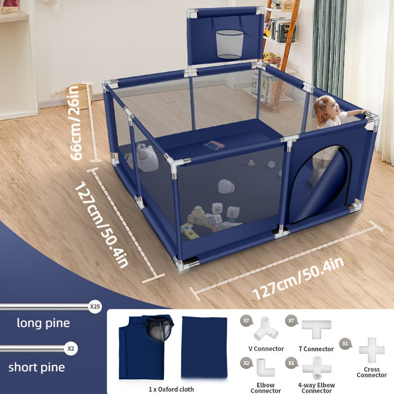 Baby playpen with a basketball hoop, guardrail, and square shape, designed for children to play and learn indoors. Includes a climbing mat for added fun and safety.