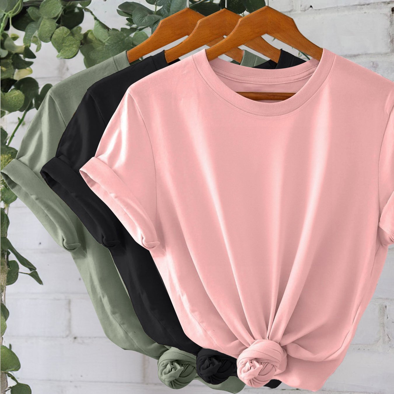 Set of 3 women's solid color T-shirts with short sleeves, crew necks, and knot detail, perfect for summer and spring. Machine washable and lightweight.