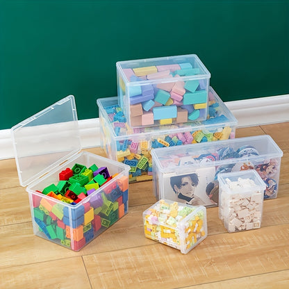 Durable plastic storage box with flip lid for building blocks, toys, and office supplies.