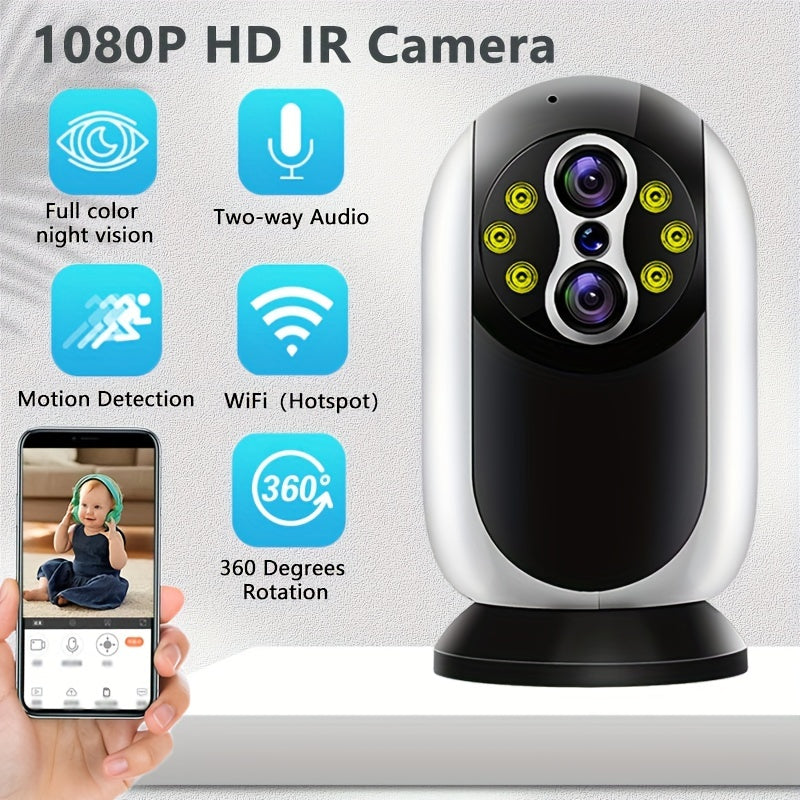 Wireless WiFi baby monitor with high definition dual lens camera, 3MP resolution, pan tilt control, 15x optical zoom, motion detection, bidirectional intercom, and network connectivity for home safety. SD card not included.