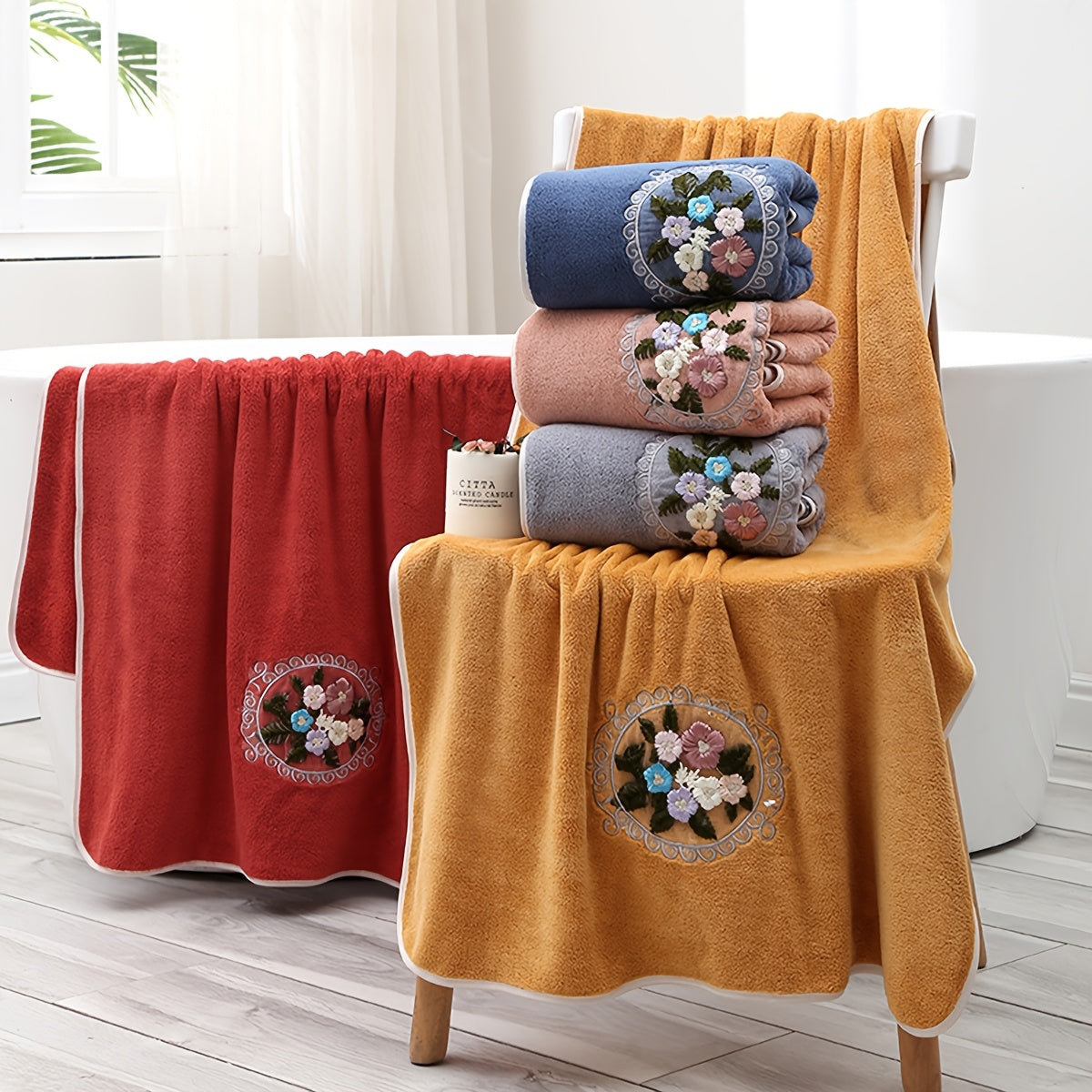 WF gauze flower 2 cents + 1 bath / 3pcs set Coral velvet embroidery towels (2 35*75cm, 1 70*140cm) soft, absorbent, quick-drying bathroom essentials for children and adults, skin-friendly