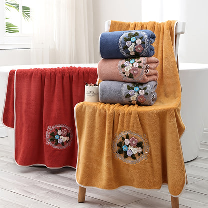 WF gauze flower 2 cents + 1 bath / 3pcs set Coral velvet embroidery towels (2 35*75cm, 1 70*140cm) soft, absorbent, quick-drying bathroom essentials for children and adults, skin-friendly