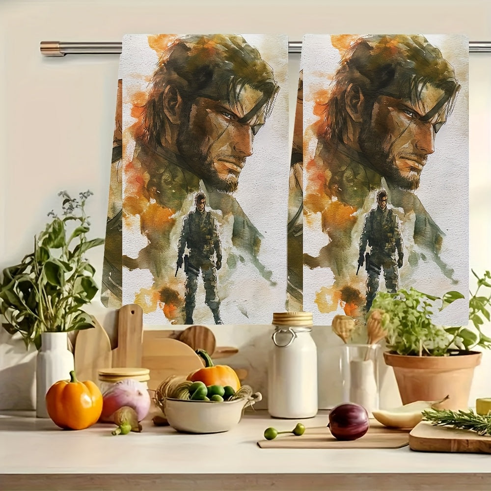 Two-pack of luxurious kitchen towels with Metal Gear Solid design, ultra soft and highly absorbent for holiday decorating. Machine washable, size 40.64X60.96 cm.