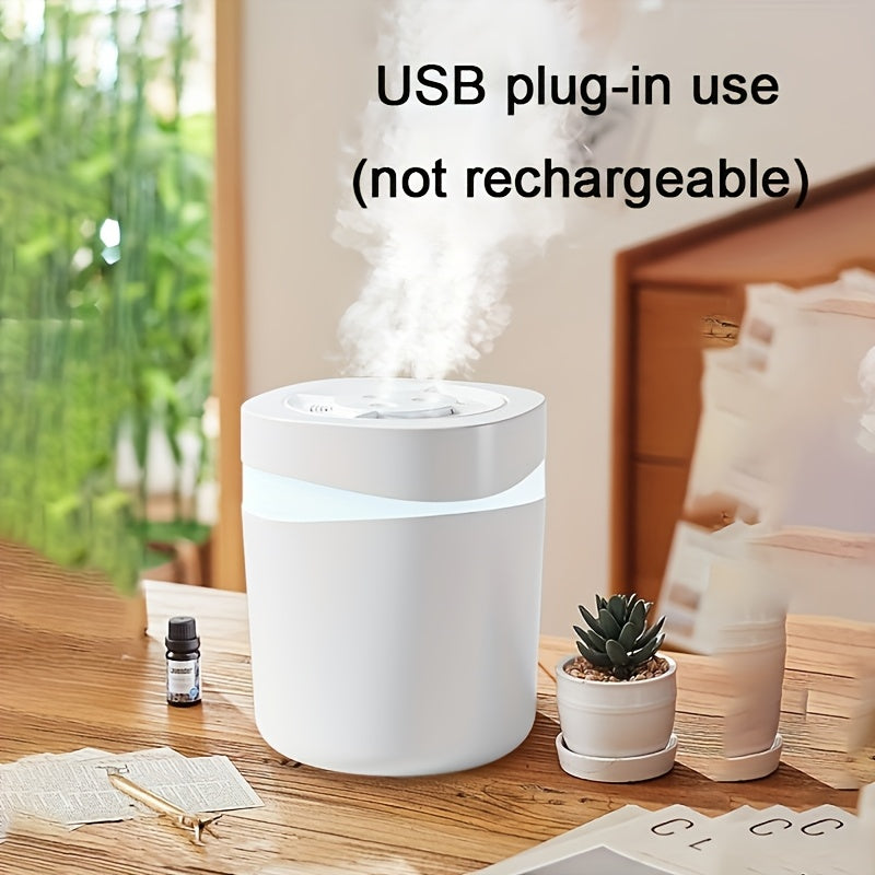 USB-powered 4.0L large capacity humidifier with cool mist. Quiet operation, doubles as aroma diffuser and humidifier with three mist outlets. Non-rechargeable, offers various mist settings