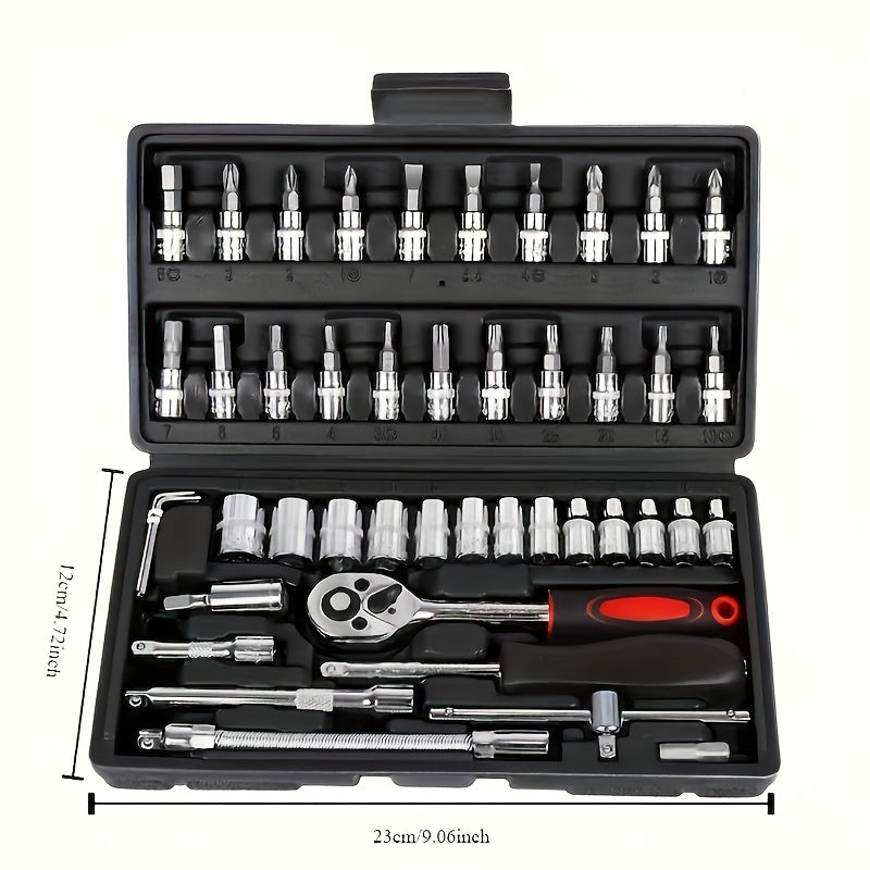 Professional automotive repair toolbox with 46 pieces, portable, durable, and easy-to-use ratchet wrench set for automotive, marine, motorcycle repairs, and home industrial maintenance.