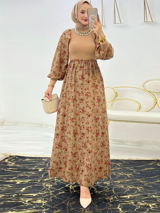 Floral print crew neck kaftan dress with elegant long sleeves and A-line maxi length.