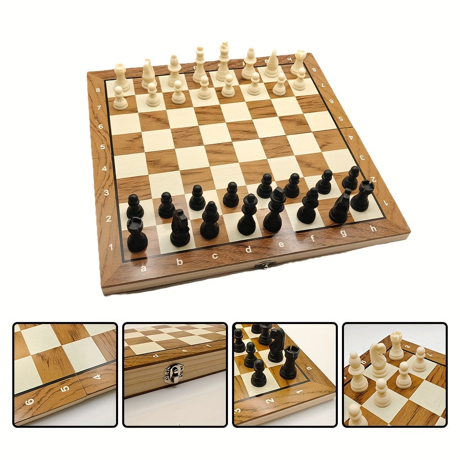 1pc 3-in-1 wooden chess board game for adults, includes backgammon and checkers.