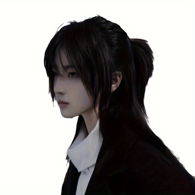 Black Straight Fiber Samurai Cosplay Wig for Men, 1 Piece, Glue-Free, School Style Fashion Costume Accessory