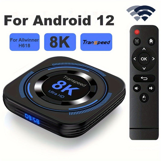 Transpeed Android 12 TV Box with Allwinner H618, dual WiFi, quad-core Cortex A53, supports 8K/4K, wireless voice, media player set-top box with EU plug.