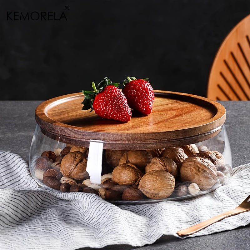 Wooden tray with glass bowl for storing nuts, fruits, cereals, and candy. Double-layered candy jars with wooden lids for kitchen storage.