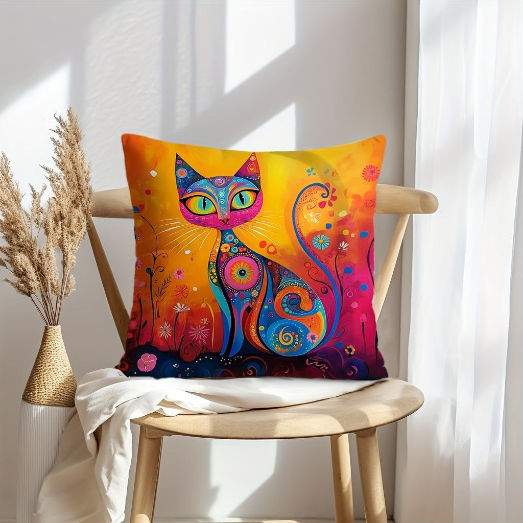 Folk art style black cat throw pillow cover with sun and flowers design. Made of 100% polyester, hand wash only. Features zipper closure, suitable for couch, sofa, living room, bedroom. Available in two sizes: 29.97cm X 50.04cm and 44.96cm X 44.96cm.