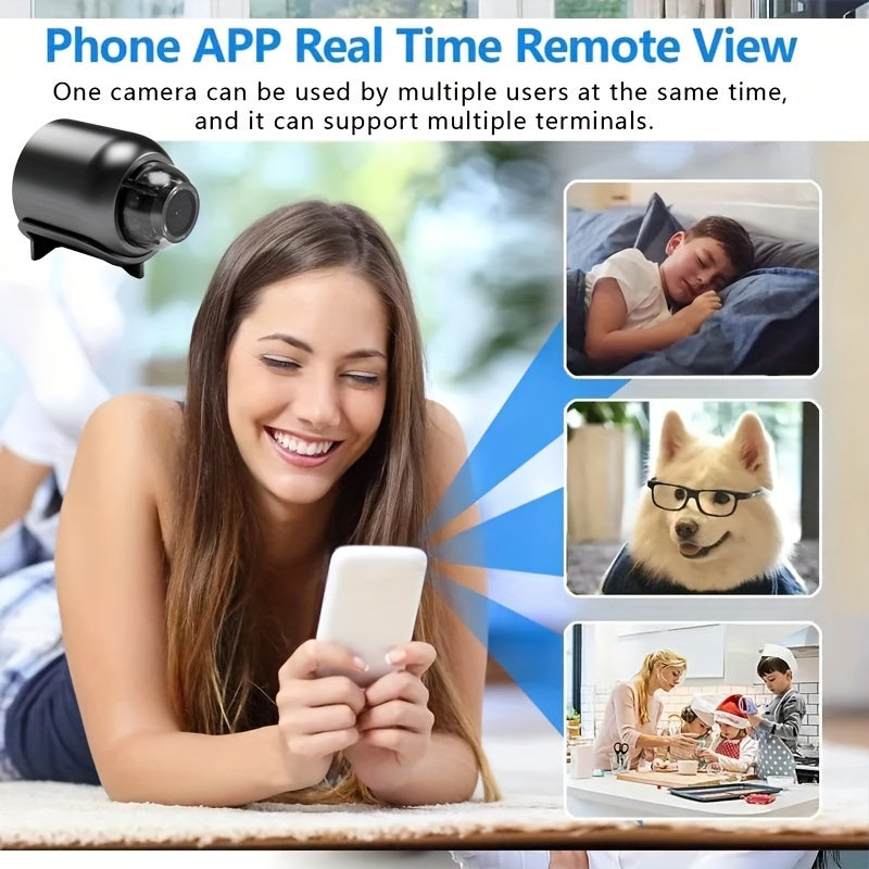 Compact WiFi mini camera with magnetic mount for easy installation. USB powered with wireless real-time video monitoring through app. Features motion detection for pet and home security.