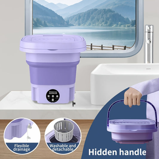 Compact MOMMED portable washing machine for RV with foldable design and hidden handle. European standard plug, suitable for indoor and outdoor use. 110V-240V compatibility, no energy