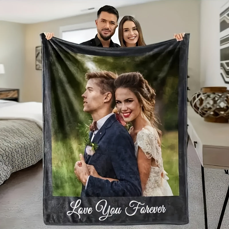 Personalize your space with our customizable photo flannel blanket. This contemporary style throw features a "Love You Forever" text and digital print, perfect for all-season use. Crafted from high-quality polyester with a woven craftsmanship, this