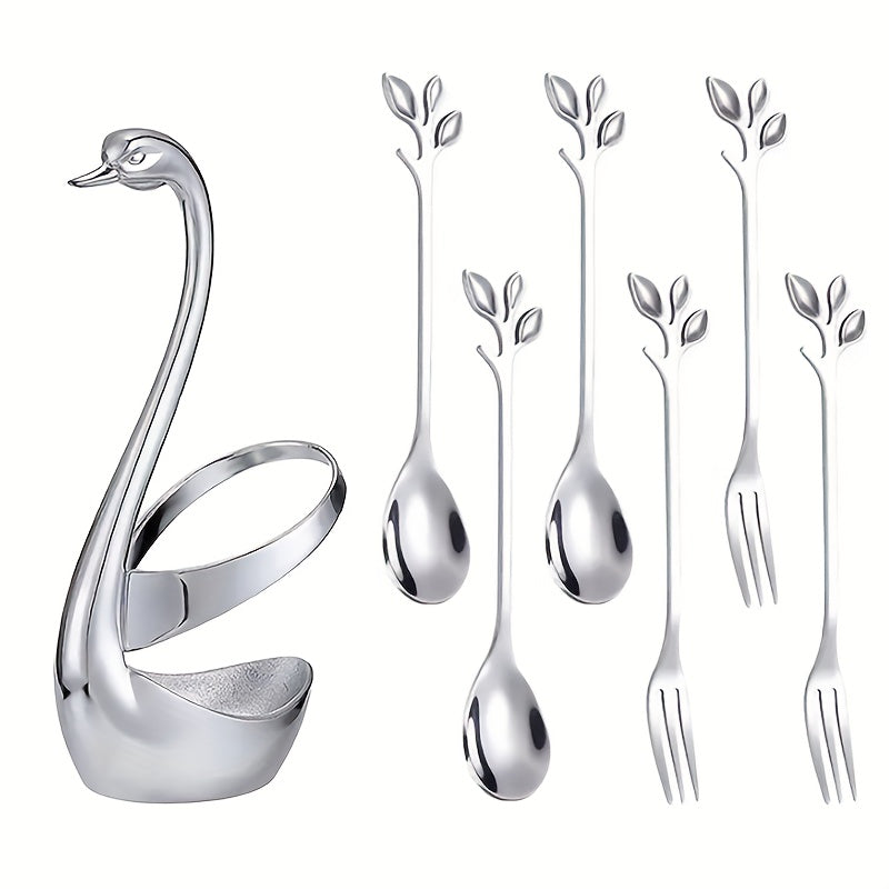 Top Pick! Set of 7 Includes 1 Zinc Alloy Swan Base with 6 Stainless Steel Leaf Coffee Spoon Forks. Mirror Polished Finish, Perfect for Restaurants, Families, and Parties. Durable and Reusable, Heavy-duty Base.