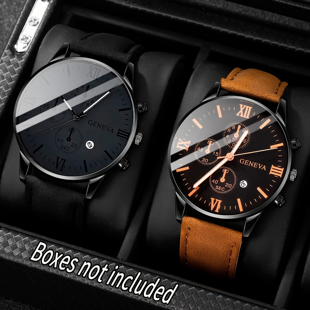 Exquisite 2-Piece Men's Quartz Watch Set featuring Calendar - Ideal for School, Graduation, or any Special Occasion - Crafted with Luxury Leather Straps, Non-Waterproof, Analog Display, and Stylish Alloy Cases