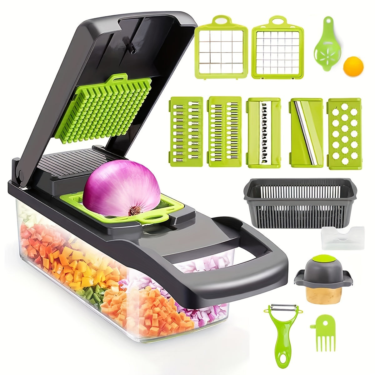 16-in-1 Vegetable Chopper - Manual Slicer Dicer with Container, Mandoline for Onion, Carrot, Garlic - Plastic Kitchen Gadget Set with Drain Basket.