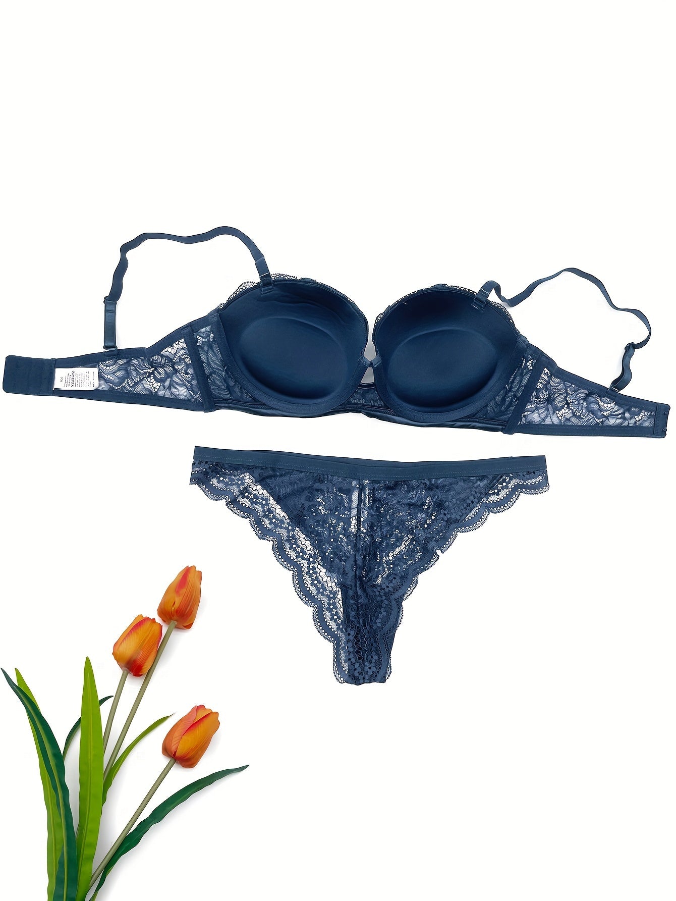 Floral lingerie set with lace embroidered push-up bra and panty, designed for small busts and features anti-sagging adjustable bralette.