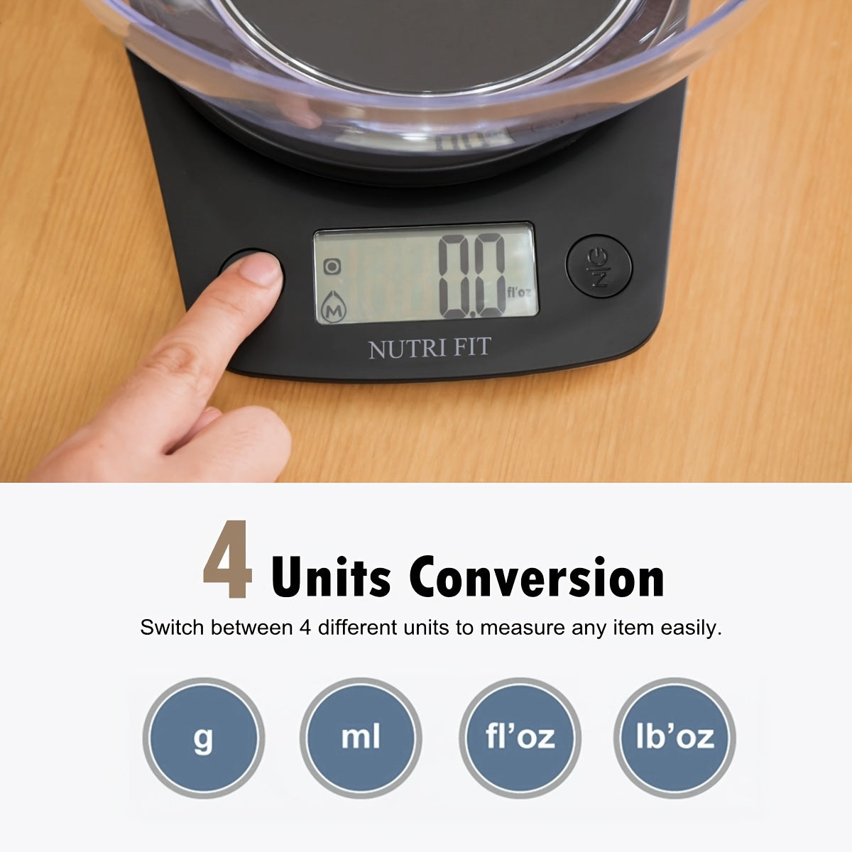 The NUTRI FIT digital kitchen scale offers high precision weighing up to 11lb with 1g accuracy. Ideal for cooking, baking, and weight loss, this scale includes a bowl tare feature and clear LCD display for easy use. It is powered by AAA batteries (not