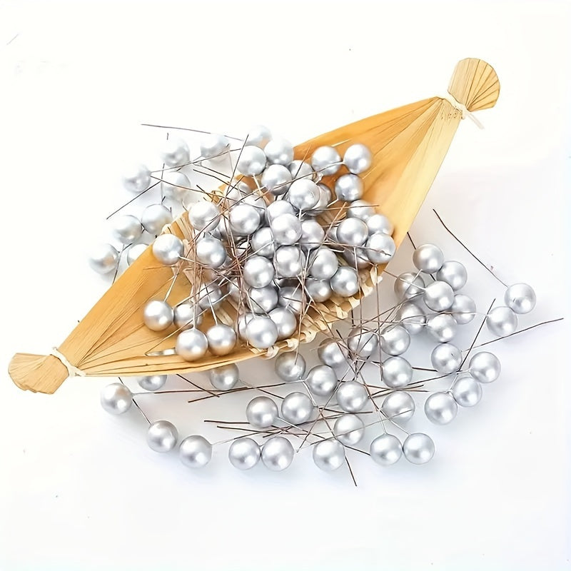 100 pieces of simulated golden and silver fruit ornaments for holiday and cake decorations.