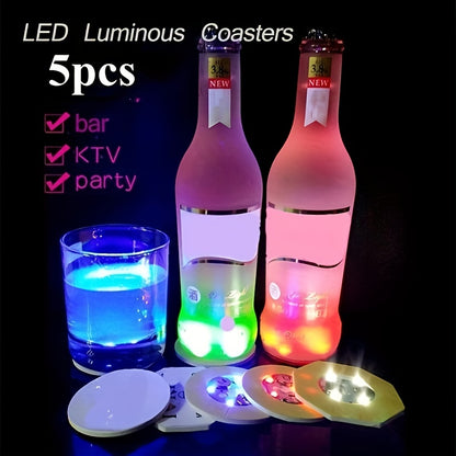 5pcs Plastic Luminous Coasters with LED lights for bars and nightclubs, creating a glowing atmosphere. Perfect for holding cups and as room or Halloween décor.