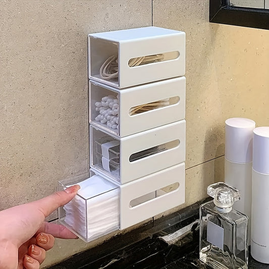 Versatile wall-mounted storage organizer with drawer for bathroom, office, and dorm. No-drill flip design for cosmetics and hair accessories.