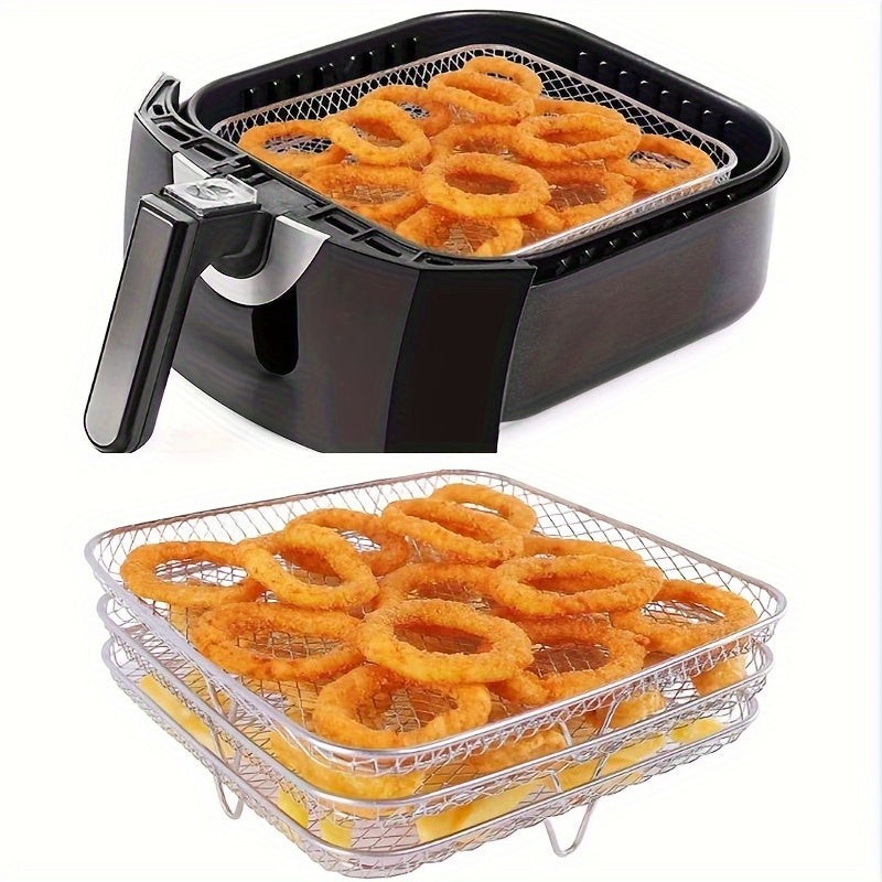 Set of 3 Air Fryer Accessories: Square Stainless Steel Cooking Racks, Versatile Food Grade Dehydrator Stand, and Grill Mesh for Frying, Baking, Grilling, and Dehydrating Fruits & Vegetables