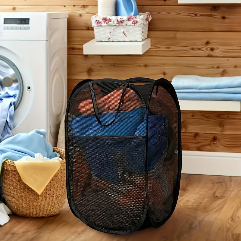 This fashionable and long-lasting mesh laundry hamper comes with a convenient handle, making it perfect for dorm rooms, travel, and bathrooms. Made of polyester, this versatile basket is designed to neatly store dirty clothes and is collapsible for easy