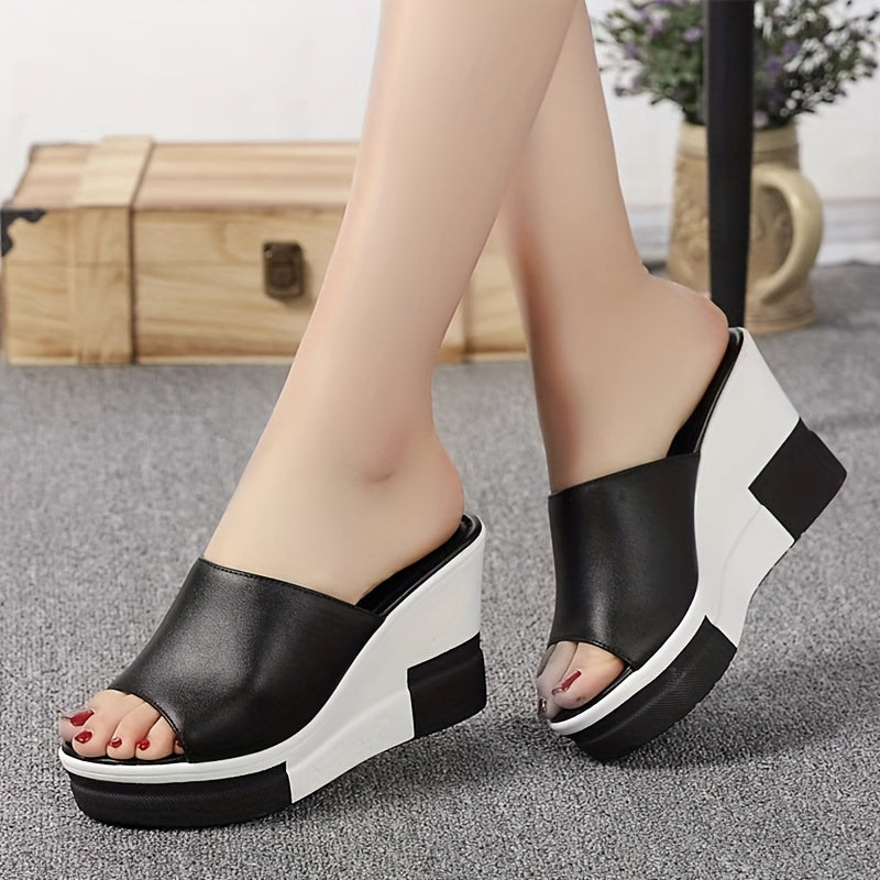 Black & white peep-toe wedge sandals with thick sole and faux cover straps for summer comfort