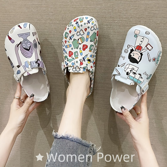 Cartoon nurse print slippers: quick-dry, comfortable indoor shoes for women.