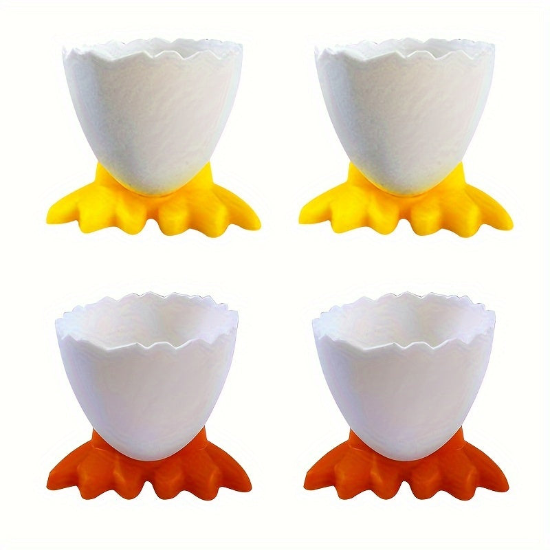 4 plastic egg cup holders with cartoon base design, perfect for boiled eggs. Durable, kid-friendly, and ideal for breakfast and parties.