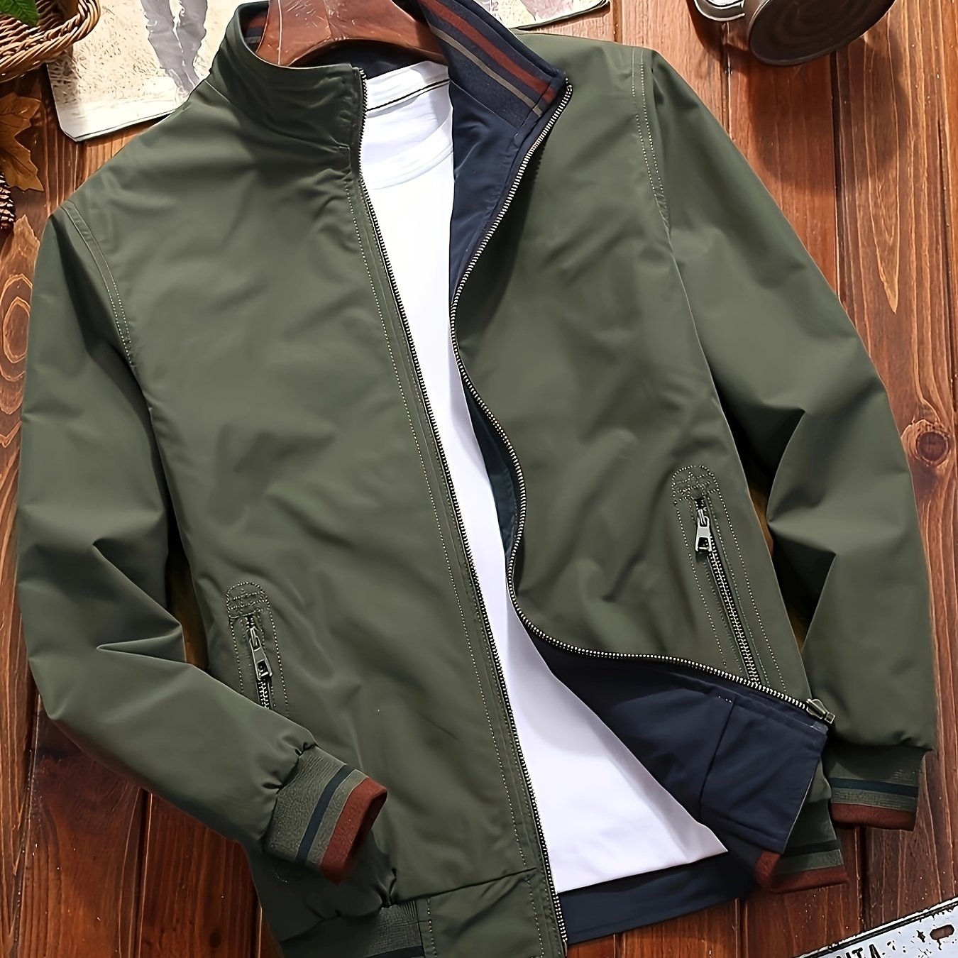 Men's casual jacket with stand collar, made of 100% polyester softshell fabric. Features a regular fit, zipper closure, and solid color design.